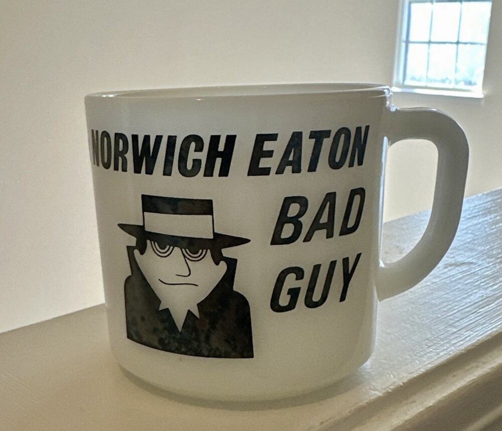 VTG Milk Glass Mug Anchor Hocking I'm A NORWICH EATON BAD GUY I Had A Bad Idea
